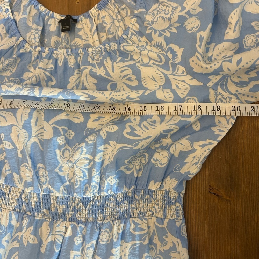 Ann Taylor Off The Shoulder Puff Sleeves Blue & White Floral Summer Dress Size L - Picture 6 of 10